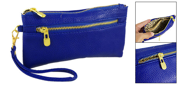 Lady Leopard Print Nylon Lining Wrist Wallet Royal Blue  