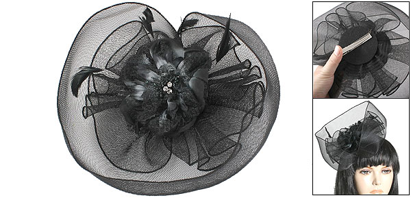 Black Floral Feather Fascinator Mesh Veil Cocktail Hair Clip  